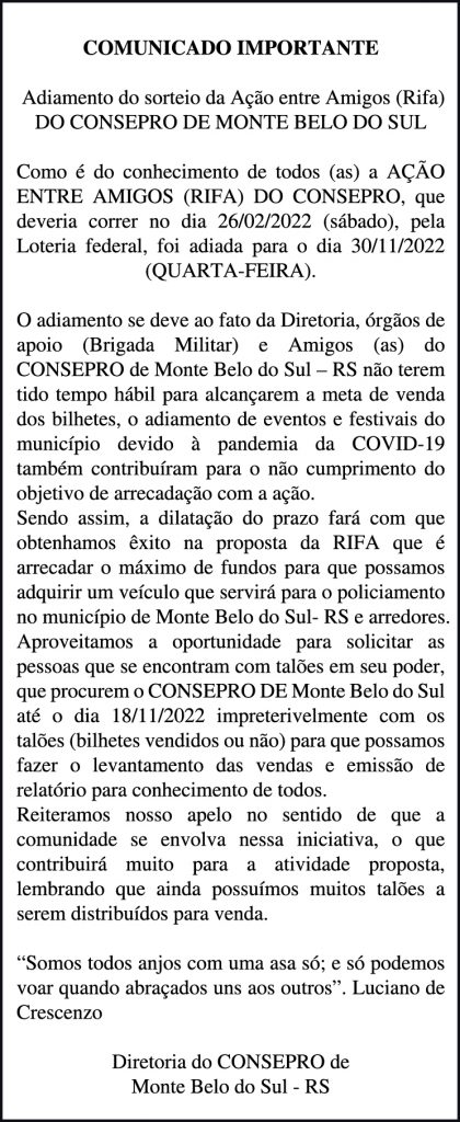 Adiamento do sorteio da Ação entre Amigos (Rifa) do Consepro de Monte Belo do Sul.